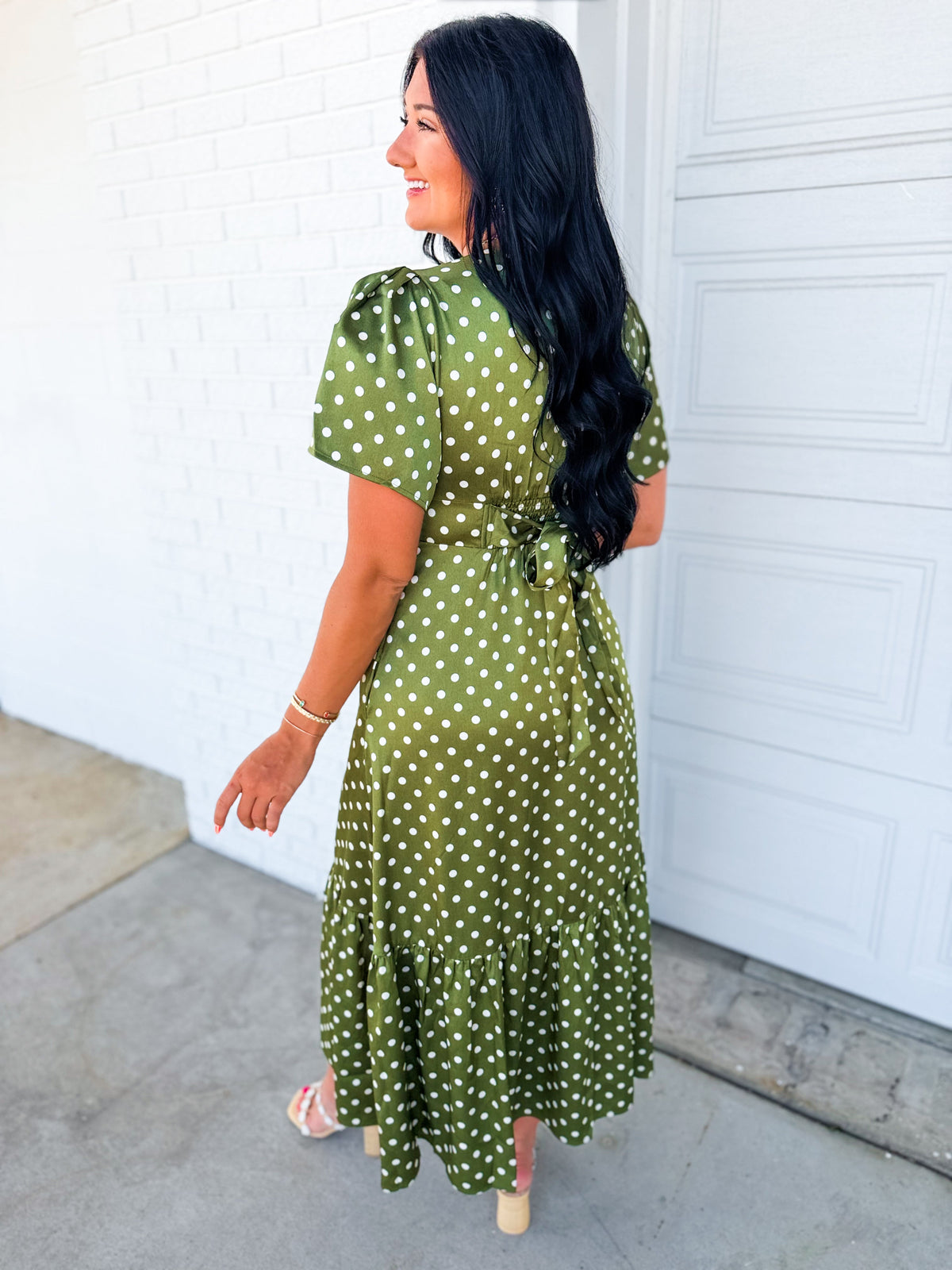 Polka Dot Flutter Sleeve Maxi Dress - Olive