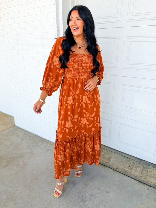 Textured Floral Smocked Maxi Dress - Burnt Orange