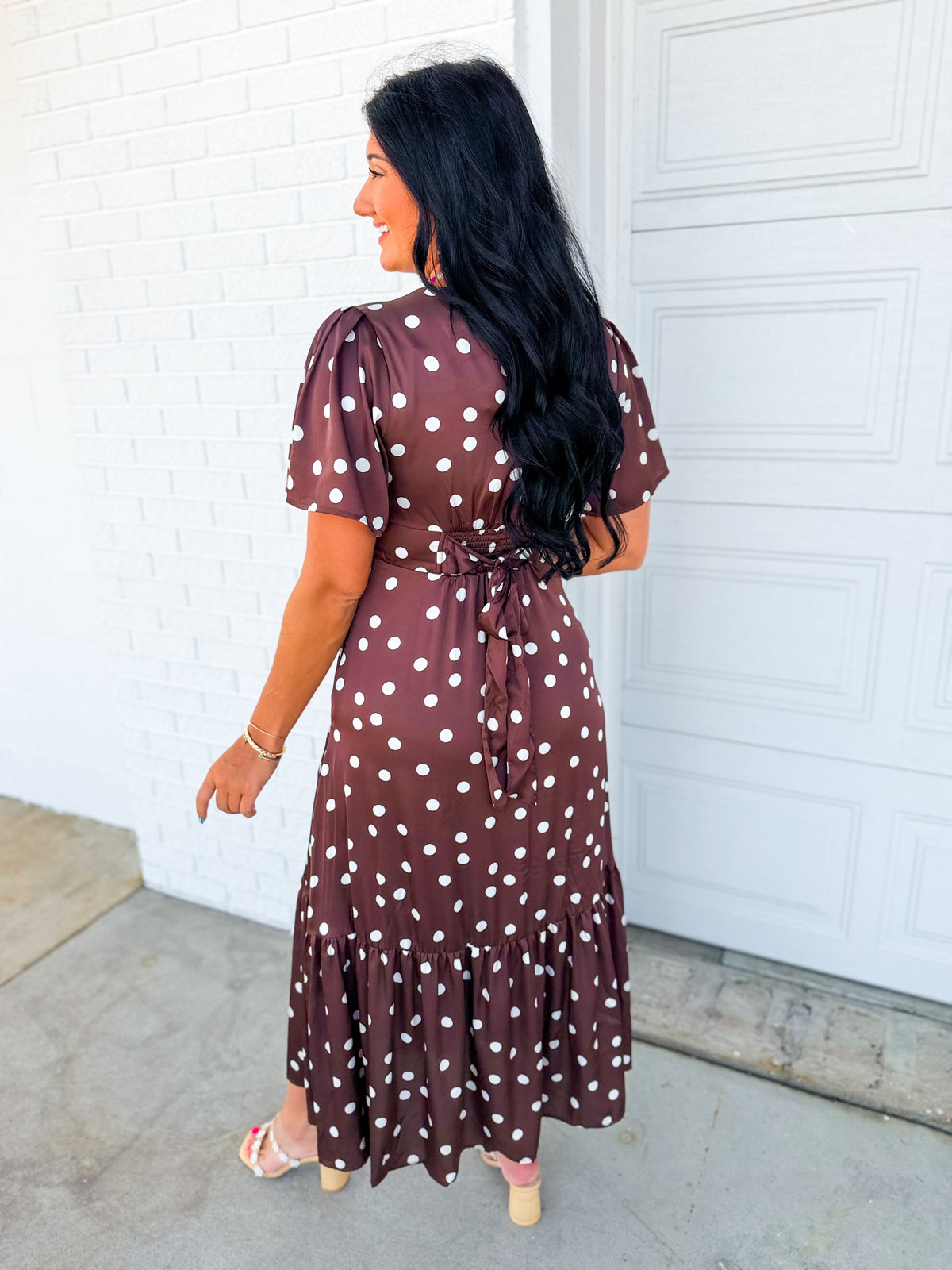 Polka Dot Flutter Sleeve Maxi Dress - Mocha