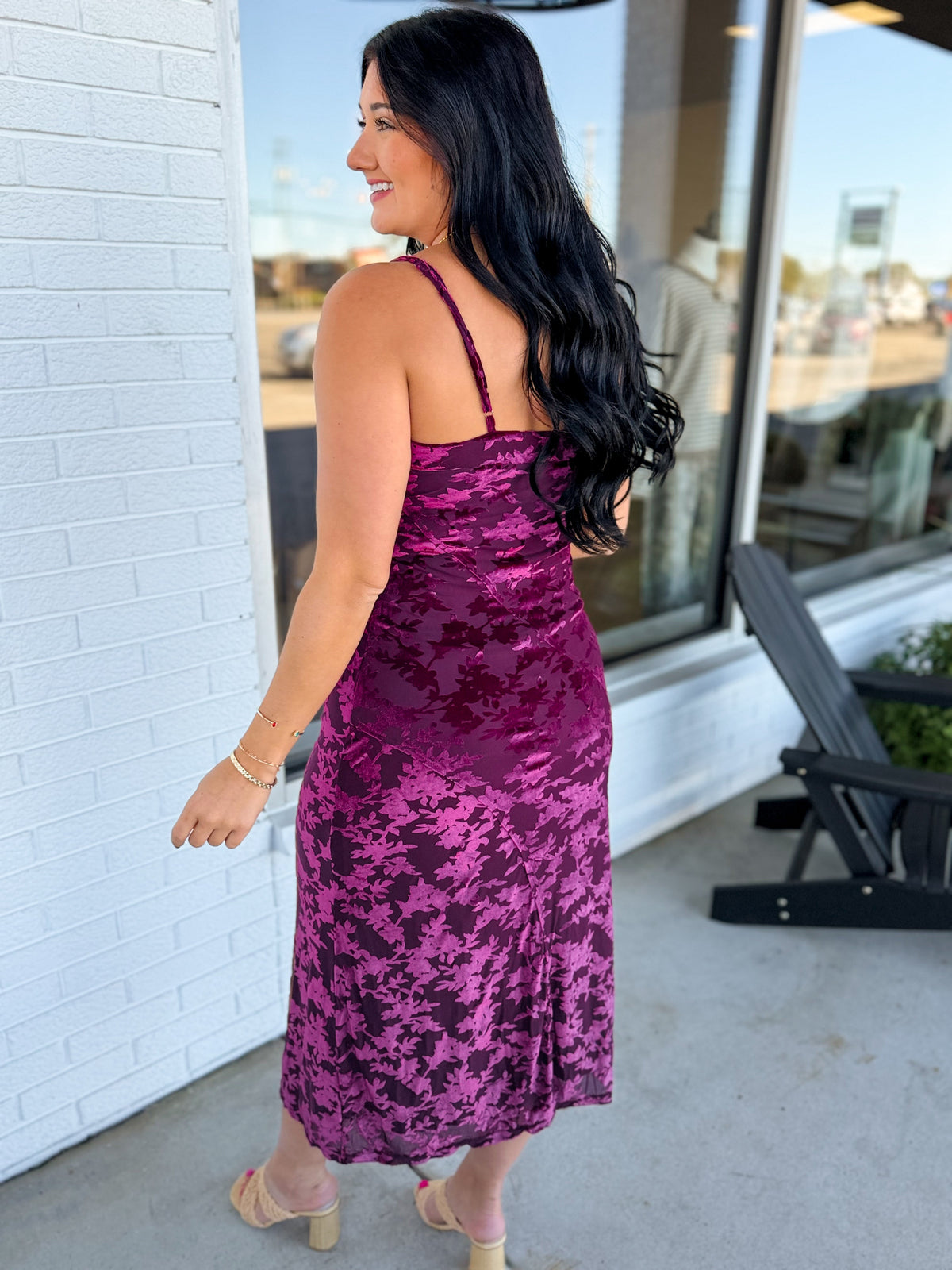 Burnout Velvet Spaghetti Strap Midi Dress - Burgundy