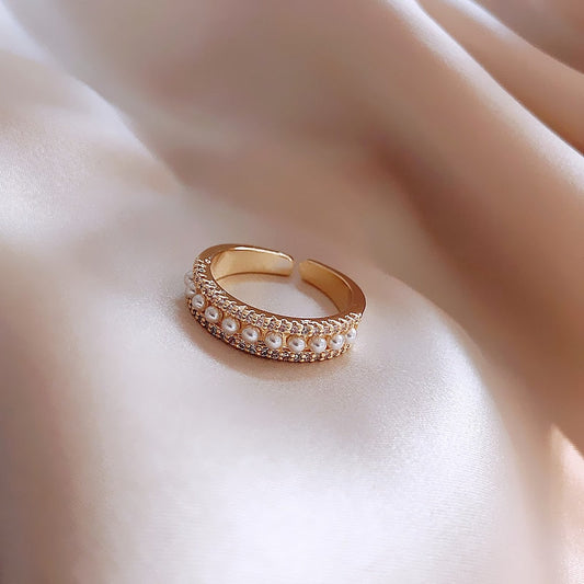 Pearl & Rhinestone Open Cuff Ring, Gold-Tone Band