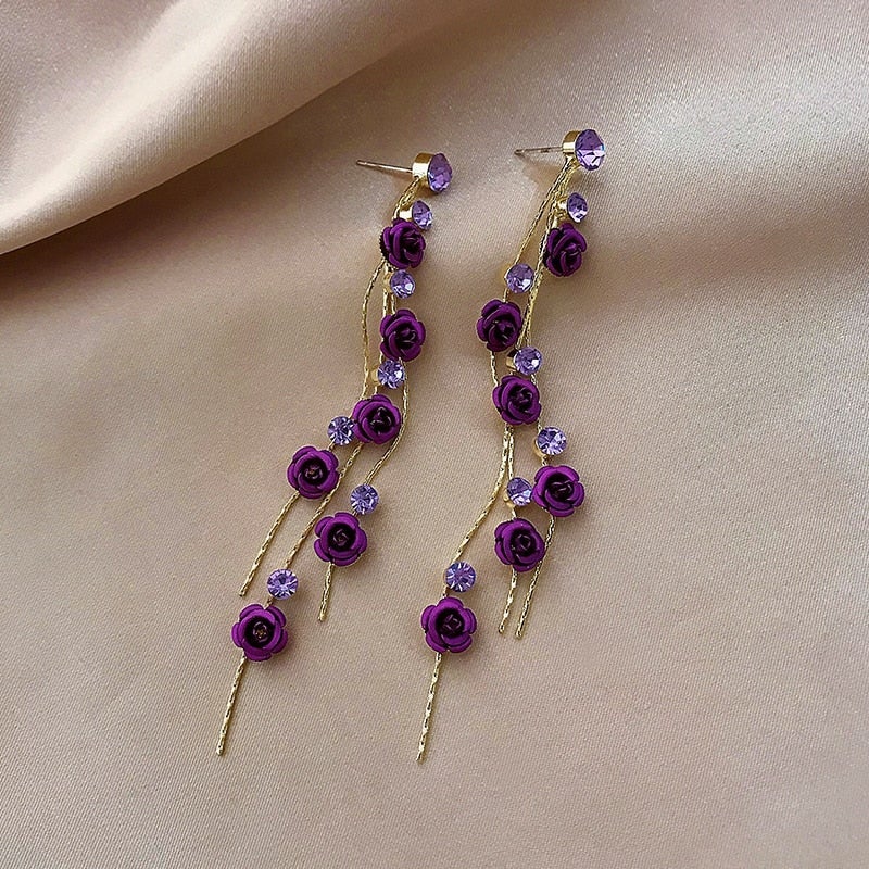 Rose Cabochon Threader Earrings with Rhinestone Chain Detail