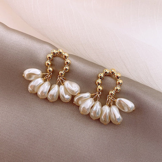 Baroque Pearl Cluster Drop Earrings with Gold-Tone Leaf Accent