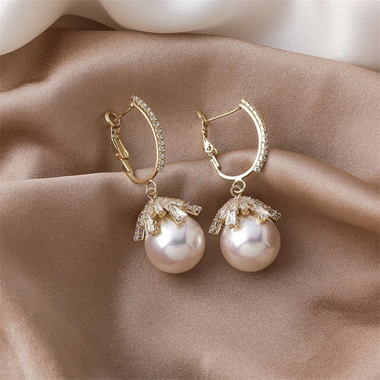 Pearl Drop Earrings with Leaf Cap and Rhinestone Hoop Detail