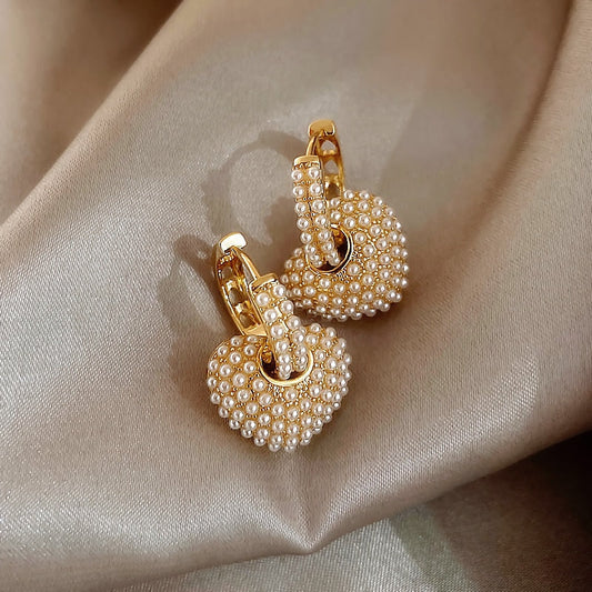 Heart-Shaped Pearl Hoop Earrings in Gold Tone
