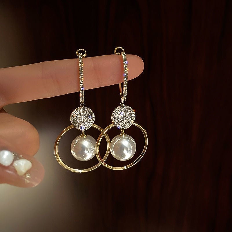 Pearl Drop Earrings with Crystal Sphere and Gold-Tone Ring