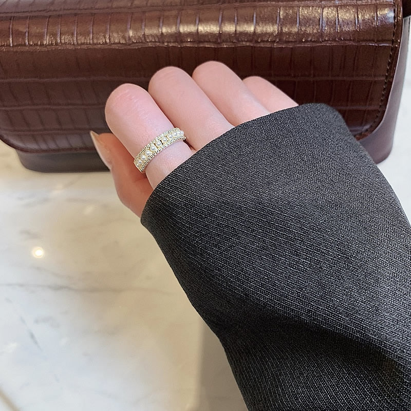 Pearl & Rhinestone Open Cuff Ring, Gold-Tone Band
