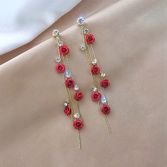 Rose Cabochon Threader Earrings with Rhinestone Chain Detail