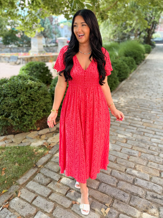 Garden Party Floral Maxi Dress - Cherry Tomato