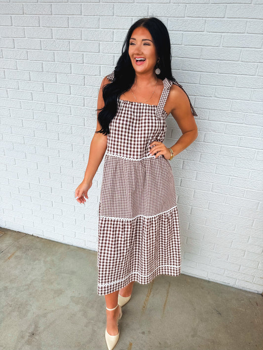 Multi-Gingham Print Tiered Midi Dress - Choco/Cream
