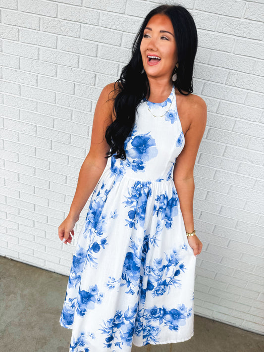 Floral Print High Neck Halter Midi Dress - Blue