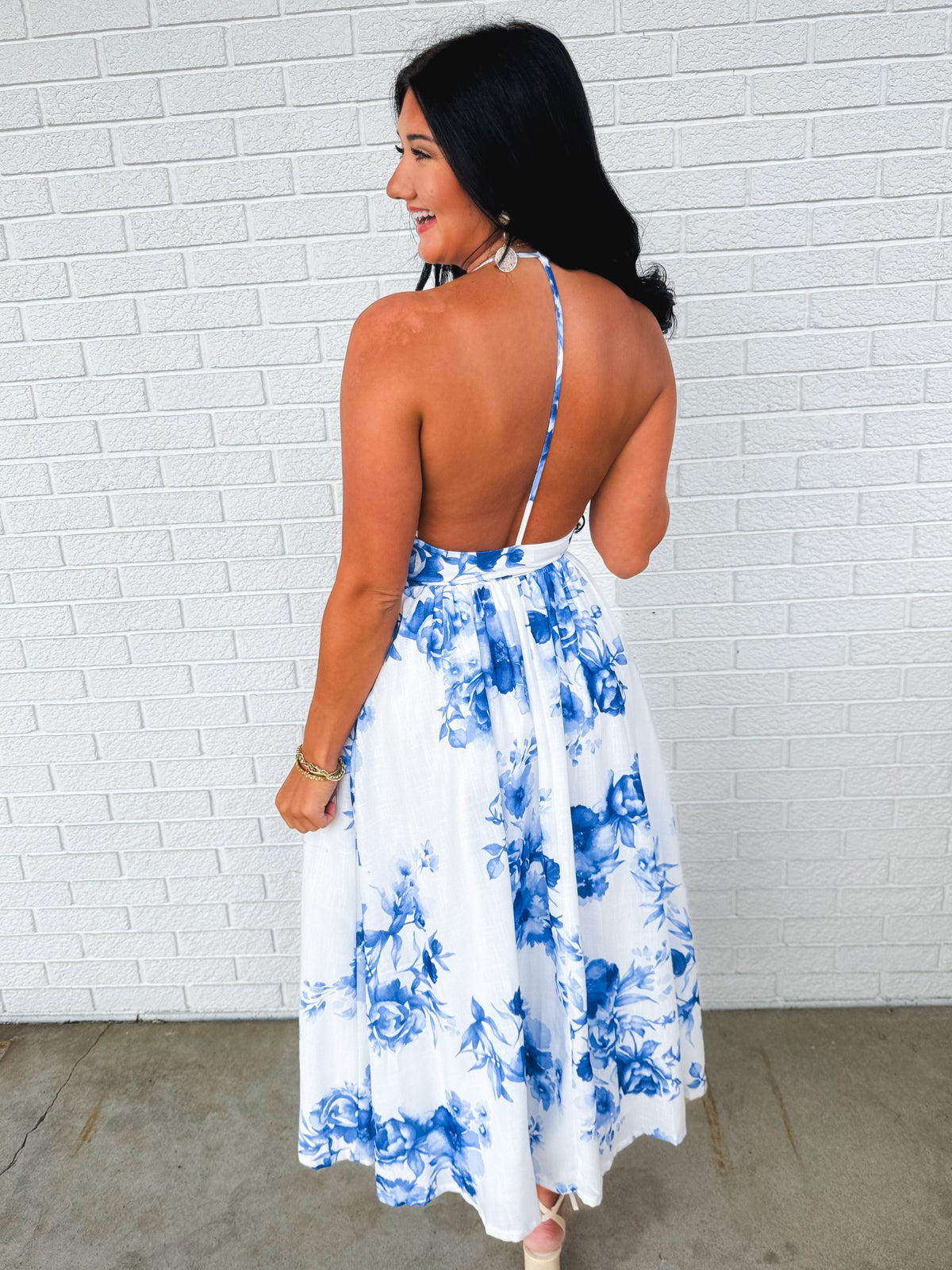 Floral Print High Neck Halter Midi Dress - Blue