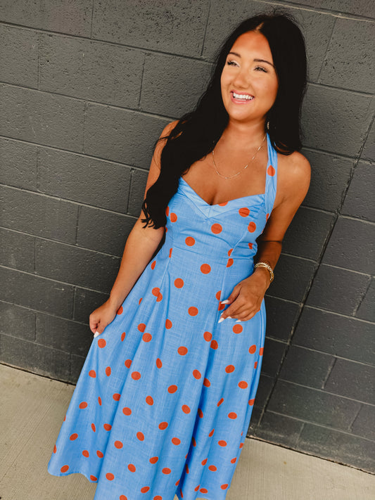Polka Dot Printed Halter Neck Midi Dress - Light Blue
