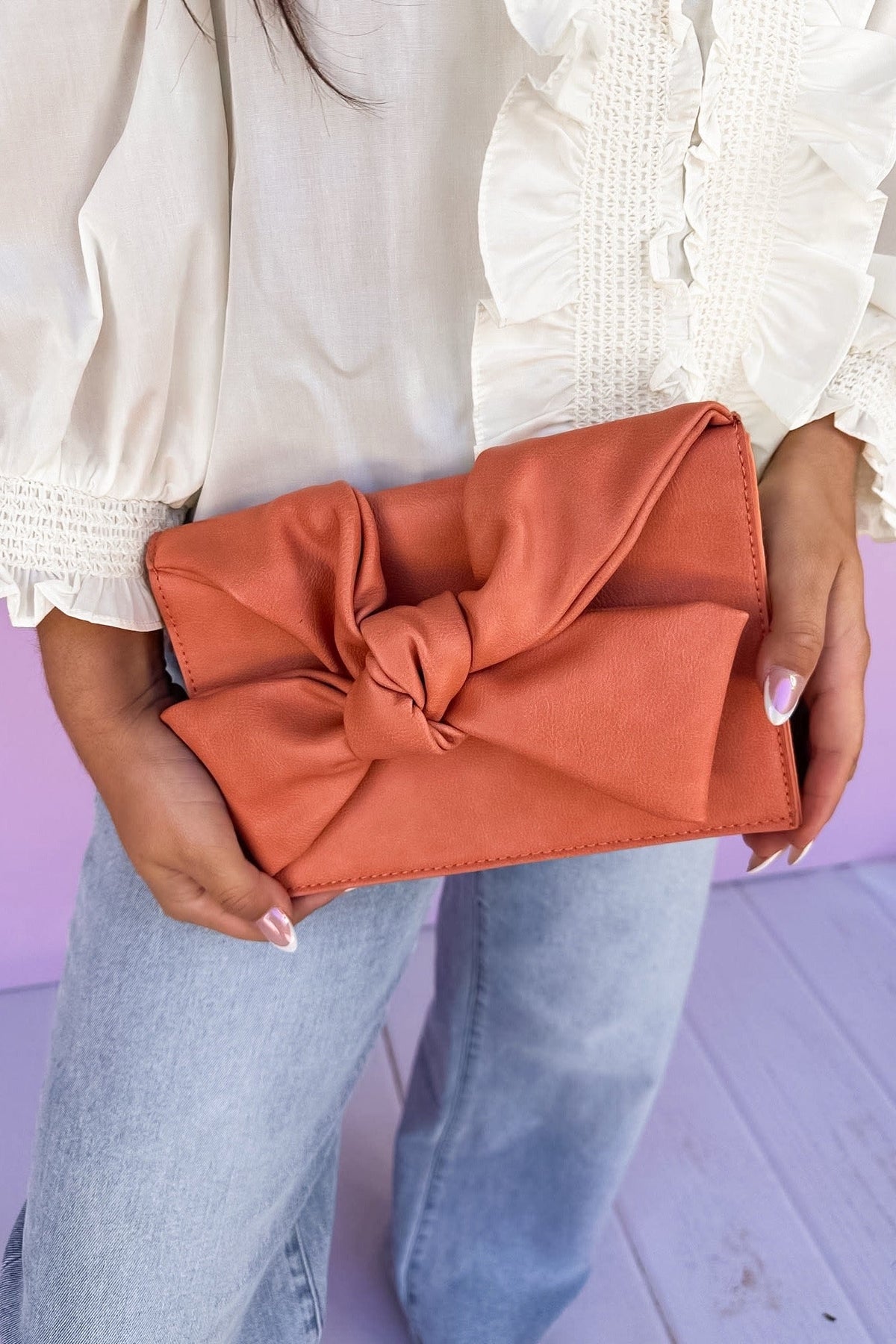 STORE-Vegan Leather Tie Bow Coral Clutch/Crossbody