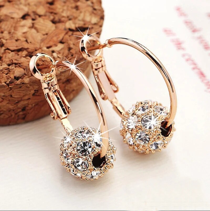 Crystal Cluster Sphere Drop Earrings with Black Stone Accents in Rose Gold Tone