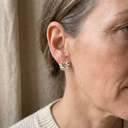 White Floral Stud Earrings with Gold-Tone Petal Frame