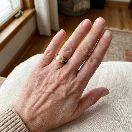 Cream Pearl Cocktail Ring with Gold-Tone Filigree Scrollwork