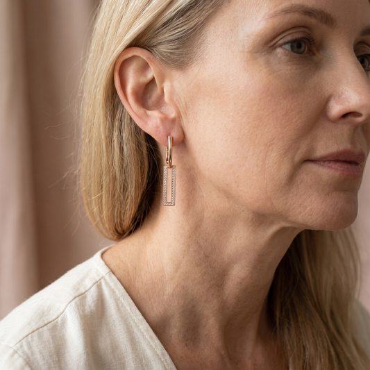 Rectangular Hoop Earrings with Paved Stones in Rose Gold