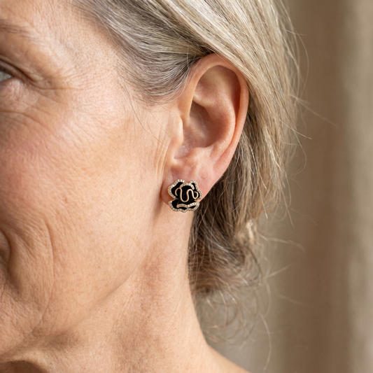 Lotus Serpent Stud Earrings in Black and Gold Tone