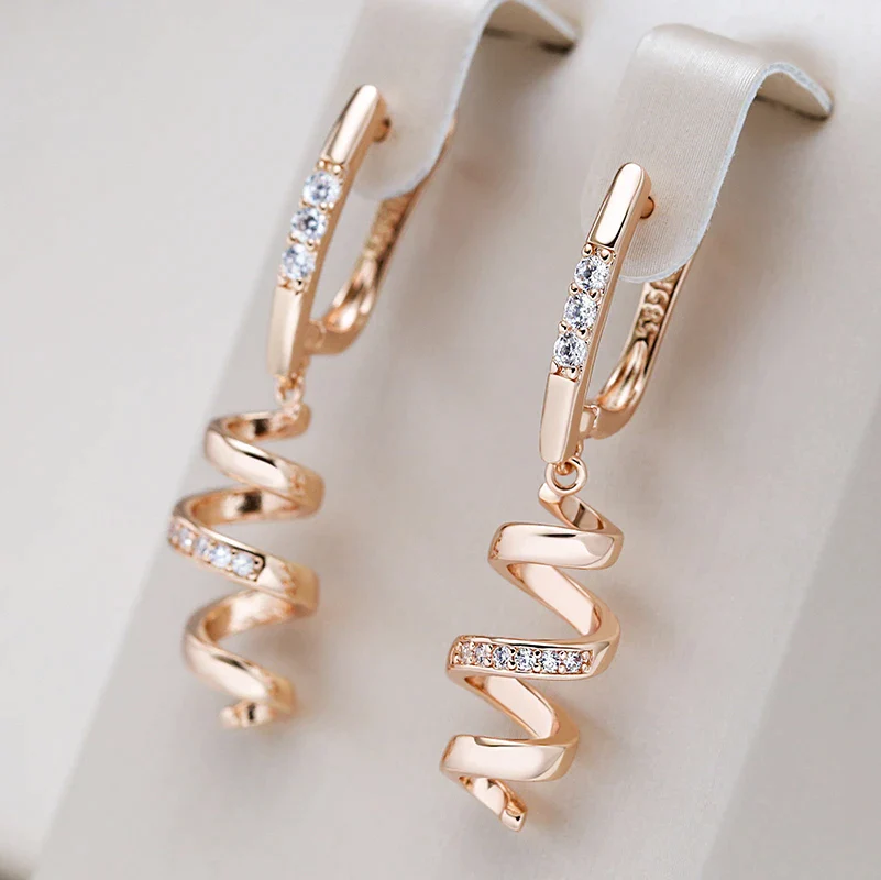 Spiral Cubic Zirconia Drop Earrings in Rose Gold Tone with Lever-Back Closure