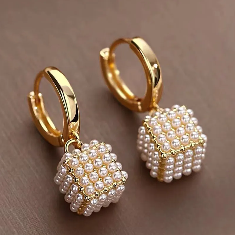 Pearl Cluster Cube Drop Earrings with Leverback Closure