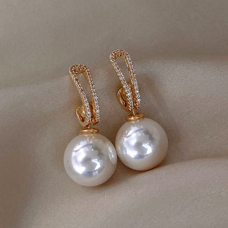 Pearl Drop Earrings with Crystal-Encrusted Loop in Gold Tone