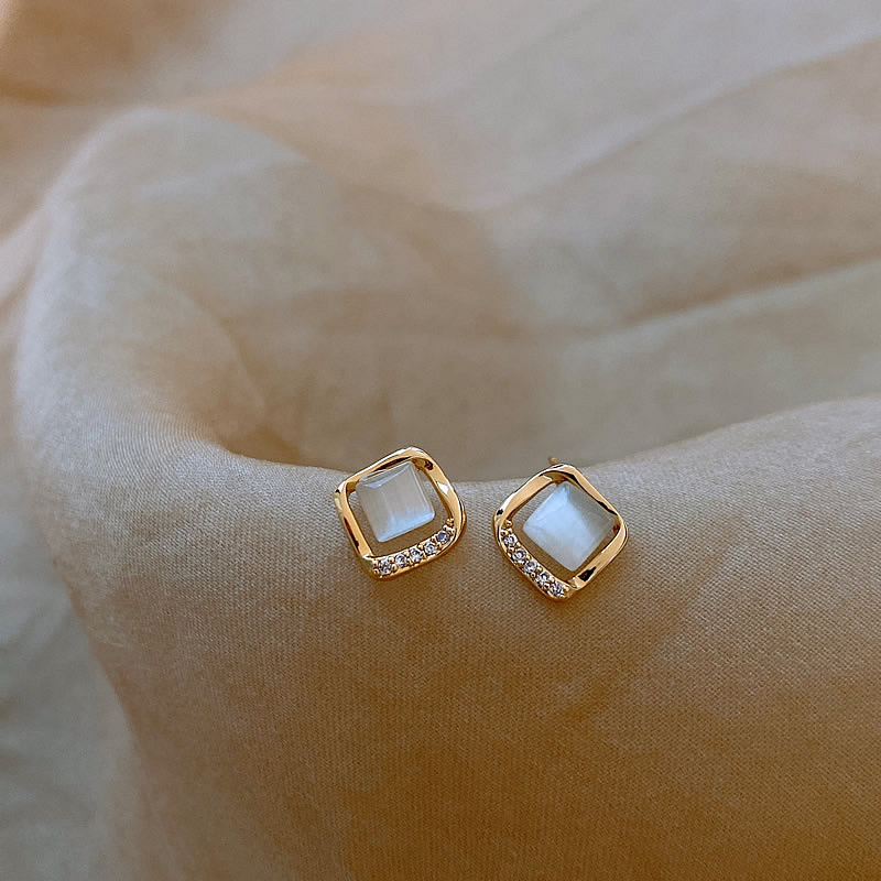 Square Mother-of-Pearl Stud Earrings with Crystal Accents