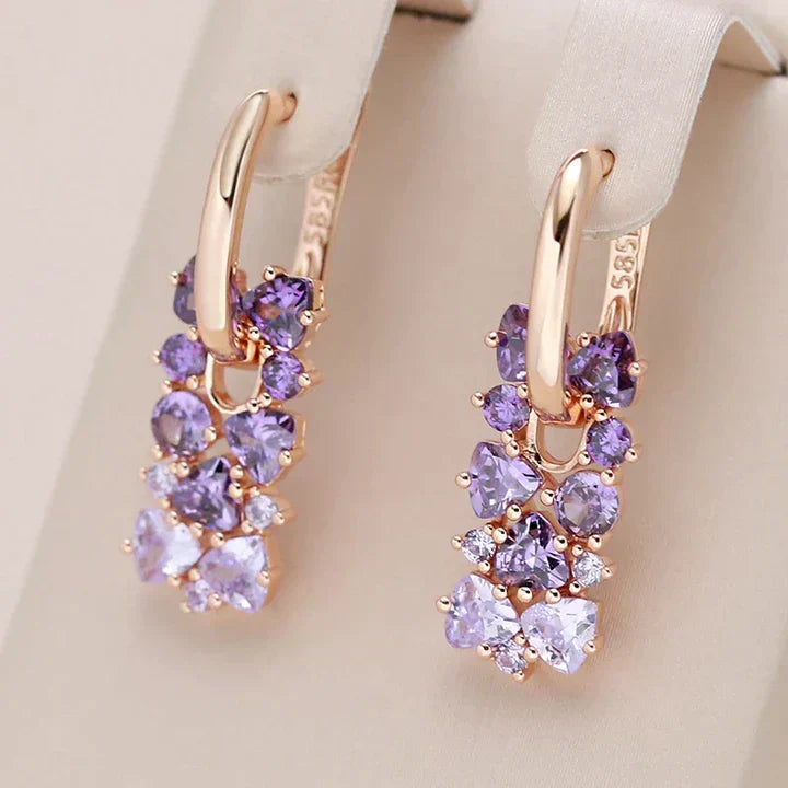 Purple Zirconia Cluster Drop Earrings in Rose Gold Tone