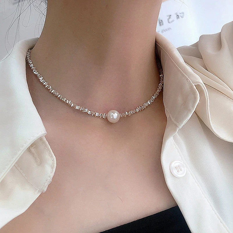 Round Pearl Pendant Necklace with Faceted Silver-Tone Beads