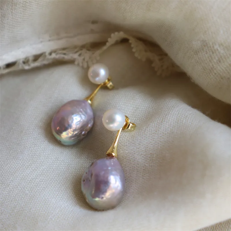 Baroque Lavender Pearl Drop Earrings with Gold-Tone Accent