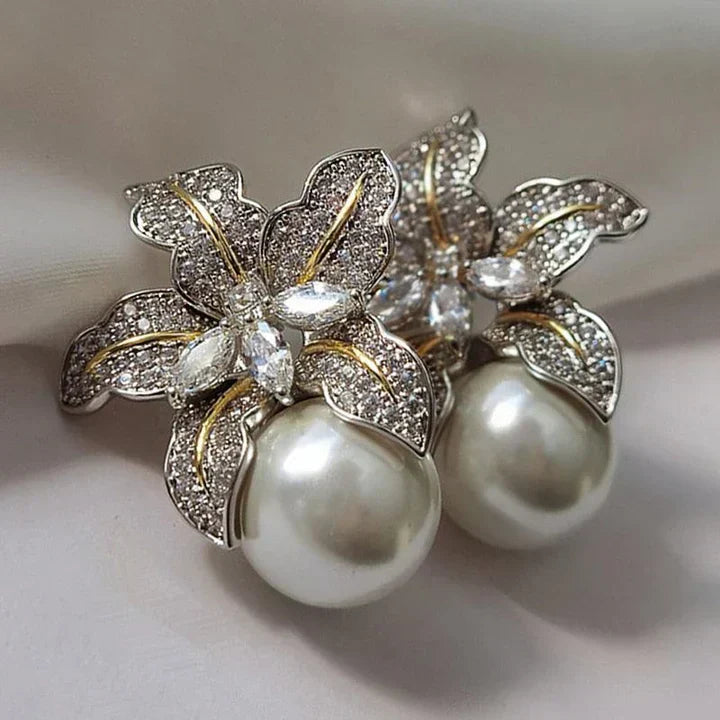 Floral Pearl Drop Earrings with Pave Crystal Petals