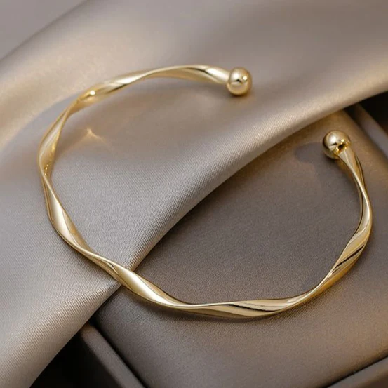 Twisted Wave Open Cuff Bracelet with Ball Ends, Gold Tone