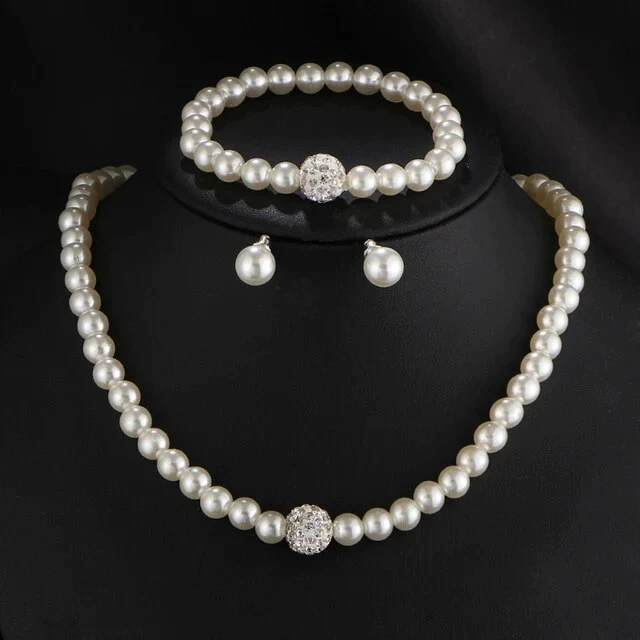 Round Pearl Jewellery Set with Rhinestone Spacer Beads - Necklace, Bracelet & Earrings