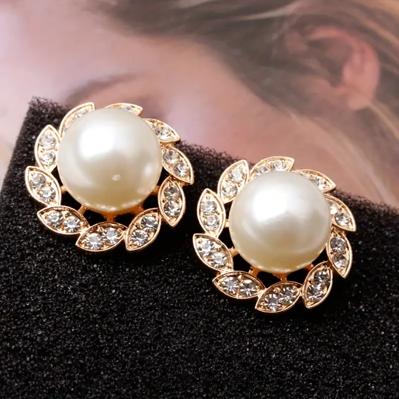 Leaf Motif Pearl Stud Earrings with Crystal Accents