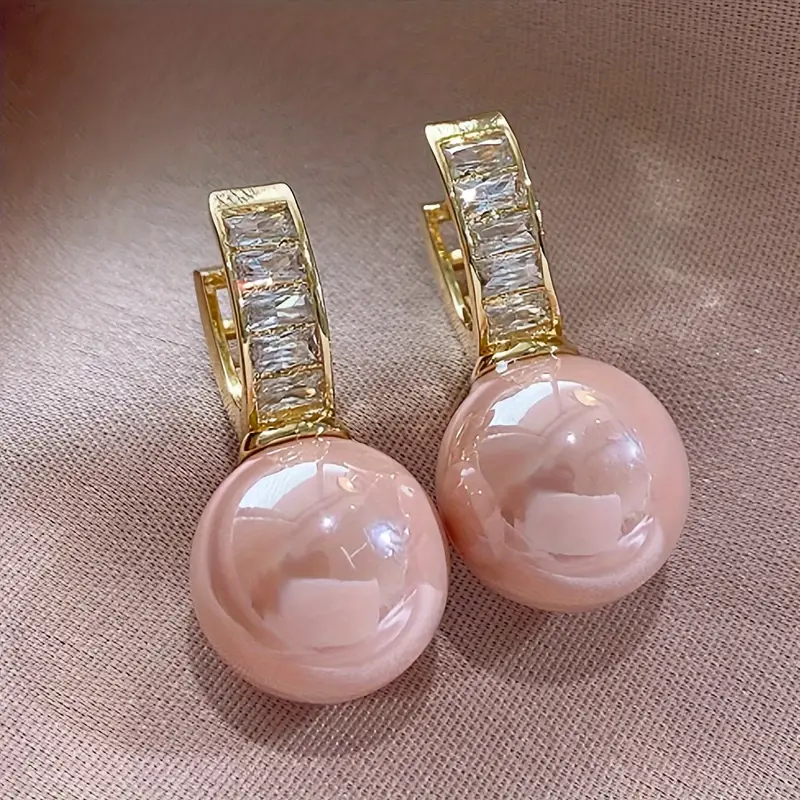 Pink Stone Drop Earrings with Rhinestone Accent in Gold Tone