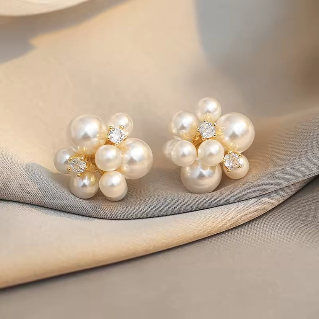 Pearl Flower Cluster Stud Earrings with Crystal Accents