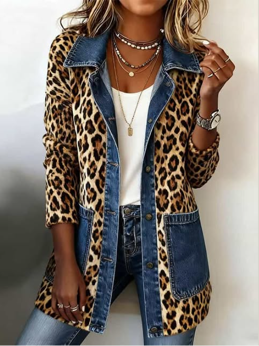 Fablenne | Women's Leopard Print Denim Panel Contrast Longline Jacket