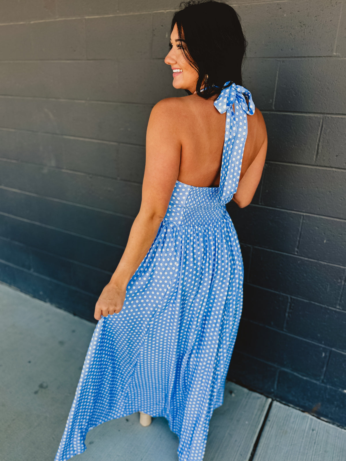 Polka Dot Halter Maxi Dress - Airy Blue