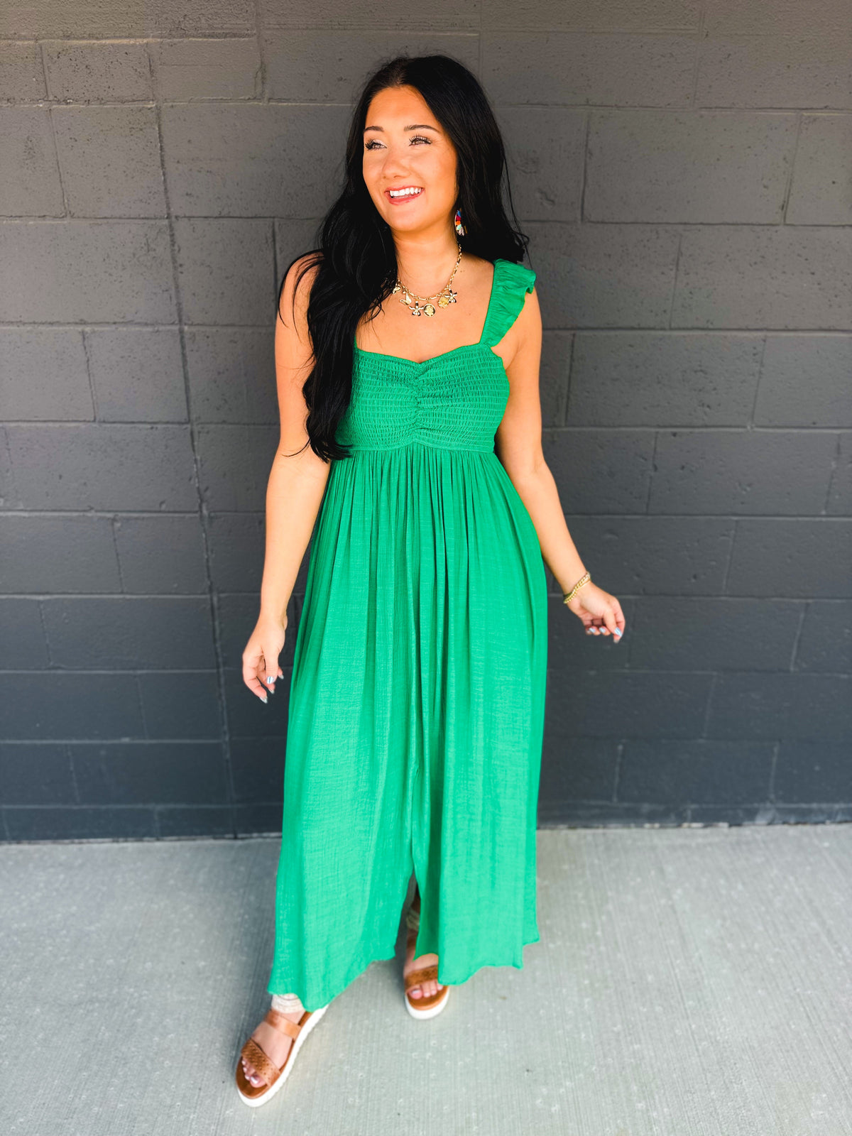 Ruffle Sleeve Front Slit Maxi Dress - Green