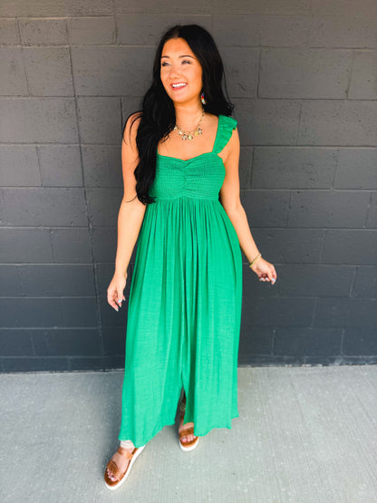 Ruffle Sleeve Front Slit Maxi Dress - Green