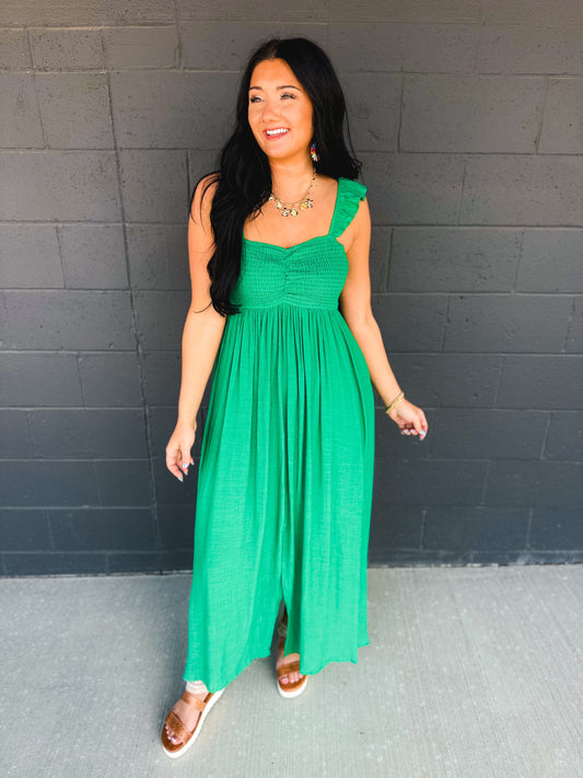 Ruffle Sleeve Front Slit Maxi Dress - Green