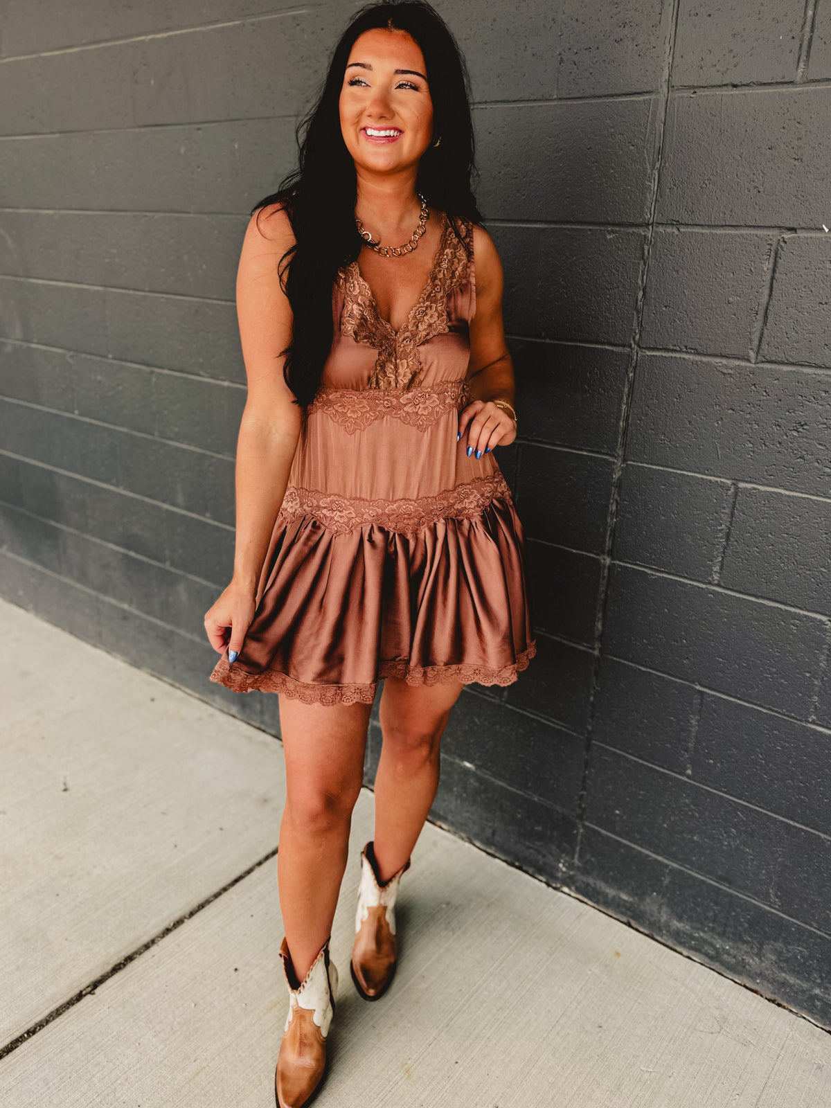 Satin Slip Lace Trim Babydoll Mini Dress - Mocha