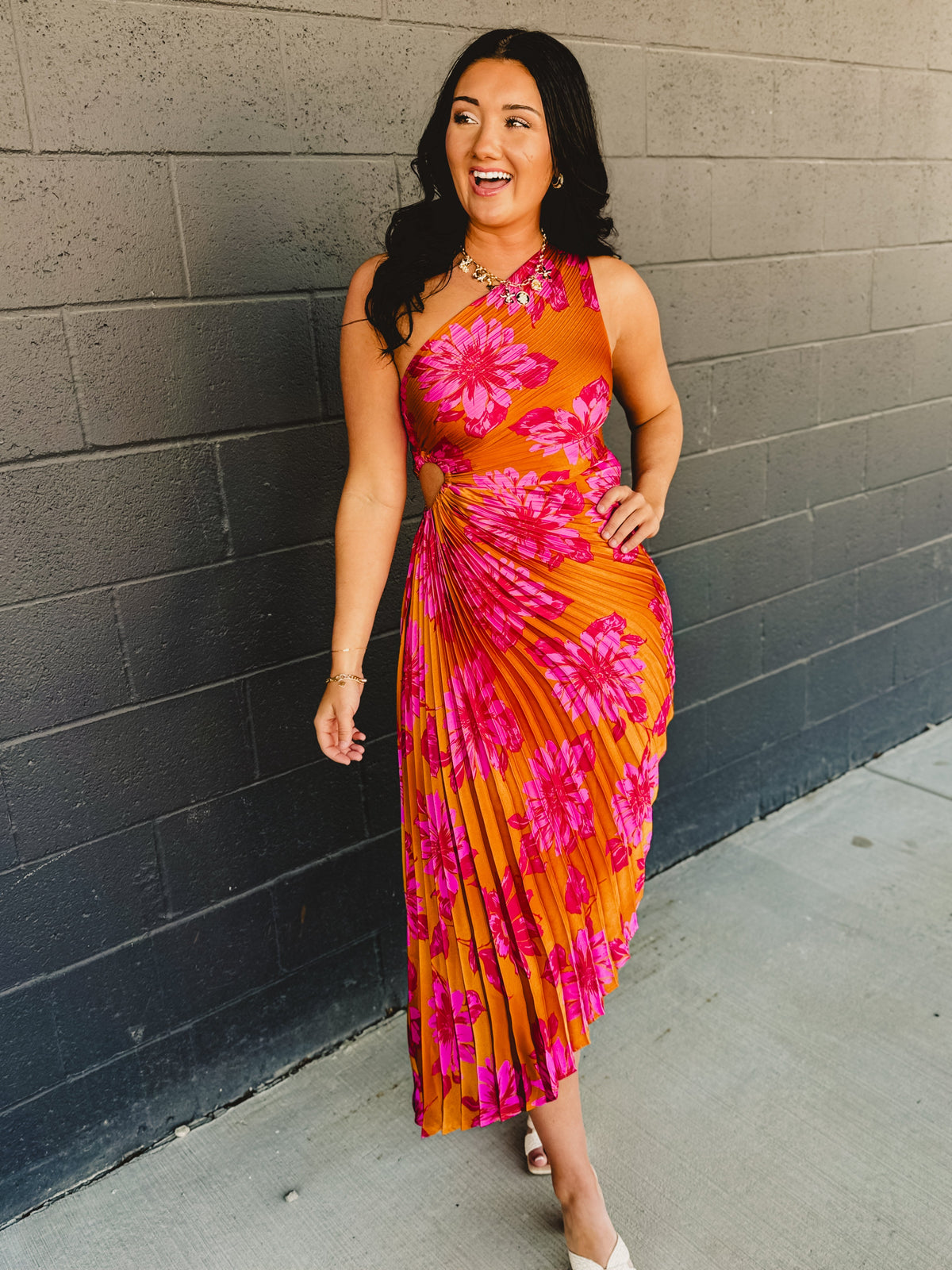 One Shoulder Asymmetrical Pleated Maxi Dress - Hibiscus Mango