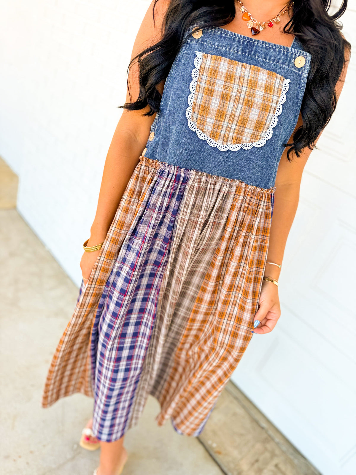 Mixed Plaid Denim Overall Maxi Dress - Multicolour