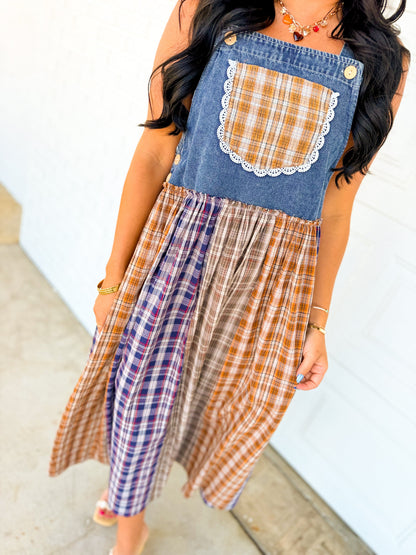 Mixed Plaid Denim Overall Maxi Dress - Multicolour