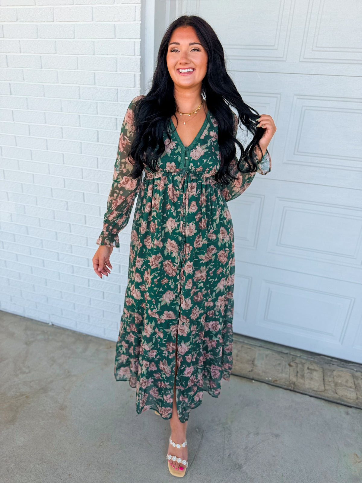 Delicate Floral Print Tiered Button Down Maxi Dress - Eucalyptus