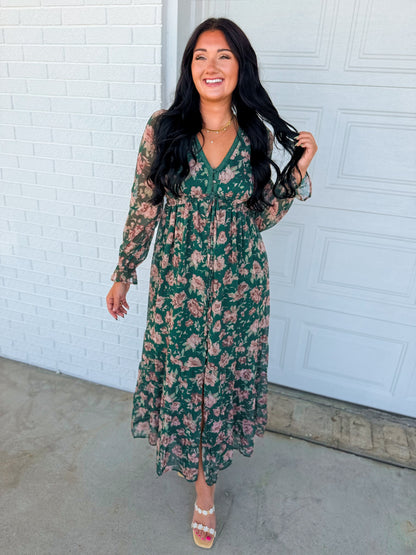 Delicate Floral Print Tiered Button Down Maxi Dress - Eucalyptus