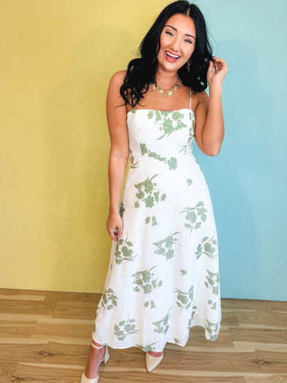Floral Printed Midi Dress - White/Sage