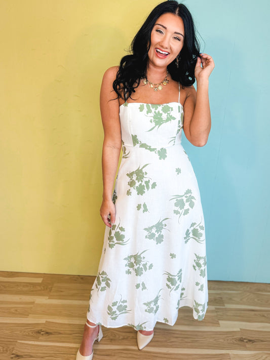 Floral Printed Midi Dress - White/Sage