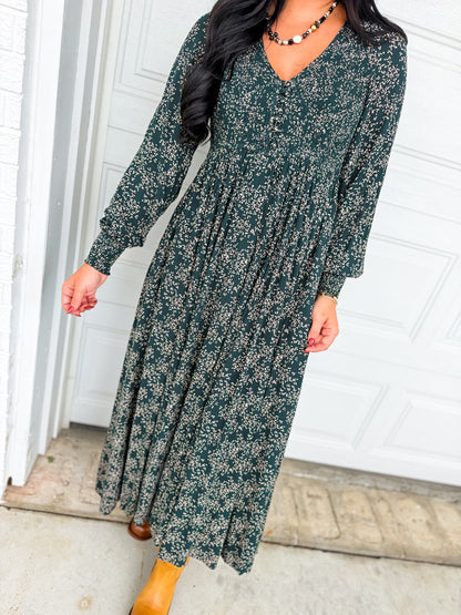 Smocked Button Detail Floral Print Maxi Dress - Dark Green